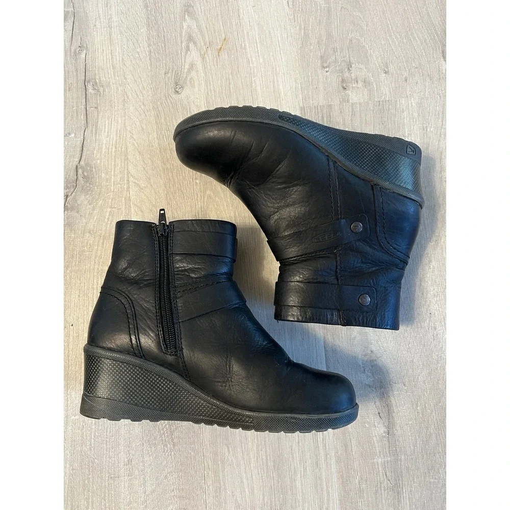 Keen Boots Womens Size 7 Black Kate Mid Ankle Wedge Leather Side Zip Casual